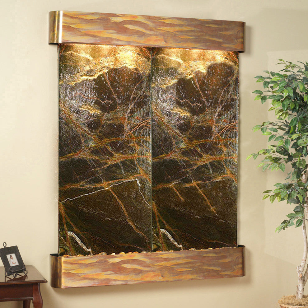 Majestic River Water Fountain, Green Marble, Rustic Copper, Round Edges