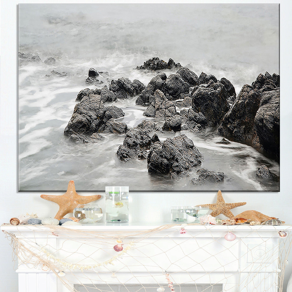 "Black and White Rocky Coastline" Wall Art, 32"x16"