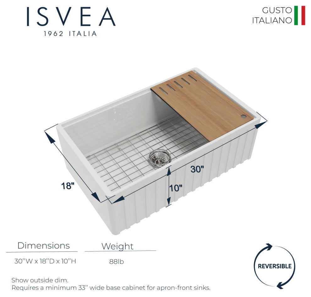 ISVEA 30" Apron Front Single Bowl Farmhouse Fireclay Kitchen Sink, Workstation