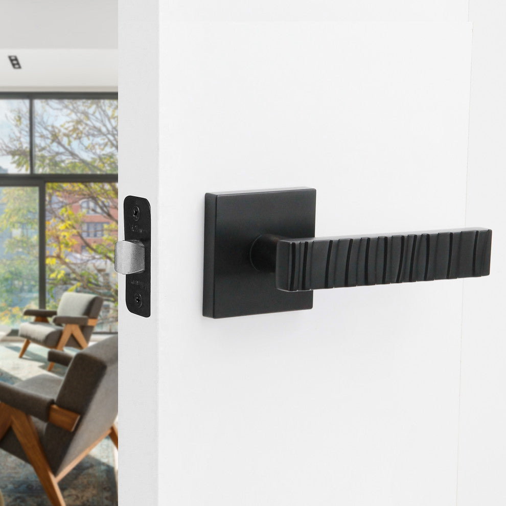 Modern Heavy Duty Designer Interior Door Lever - Groove Collection, Matte Black, Privacy Right Hand