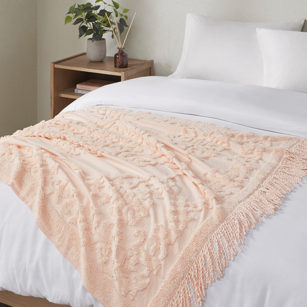 Madison Park Chloe Fringed Tufted Throw Blanket, Boho Pattern, Pink