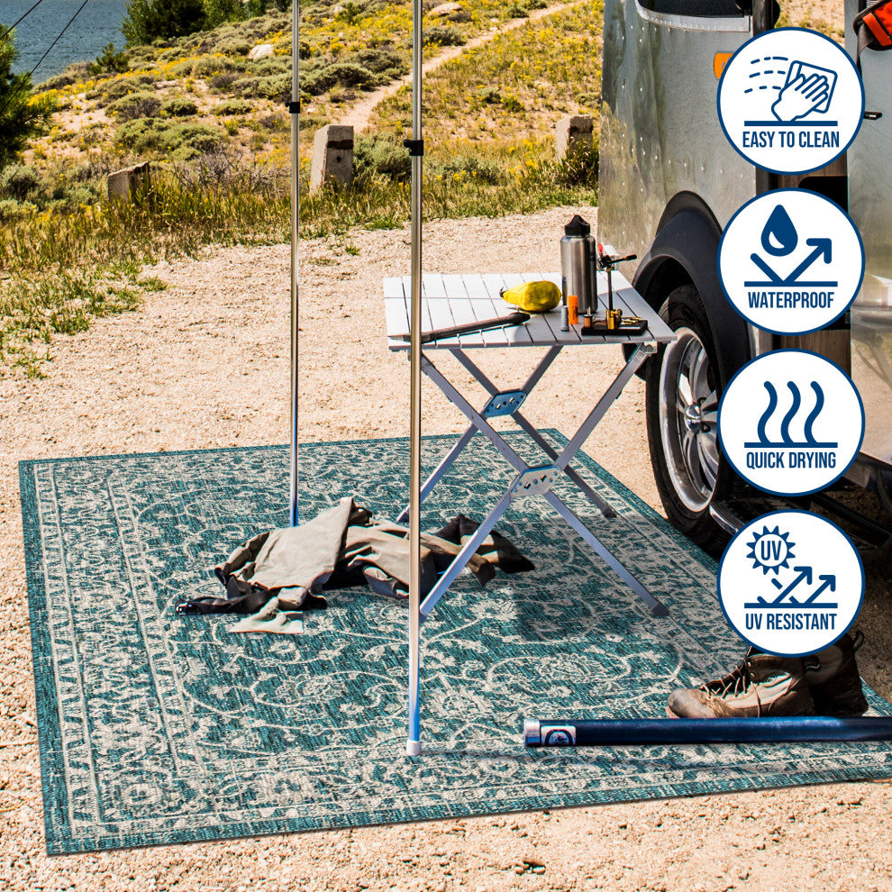 Palazzo Vine and Border Textured Weave Indoor and Outdoor Area Rug, Teal and Gra