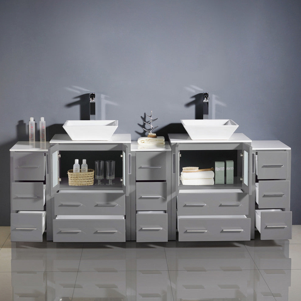 Torino Double Sink Bathroom Cabinets With Tops and Vessel Sinks, Gray 84"