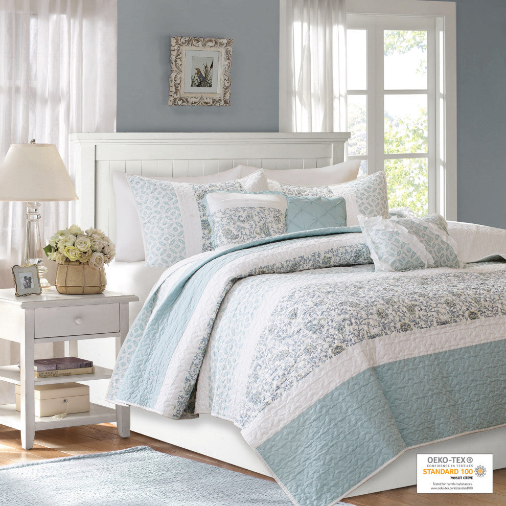 Madison Park Percale Printed 6-Piece Coverlet Set, Aqua, Full/Queen