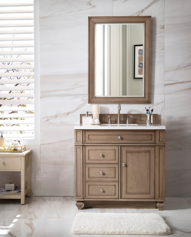 Bristol 36" Single Vanity Whitewashed Walnut, Eternal Jasmine Pearl Quartz