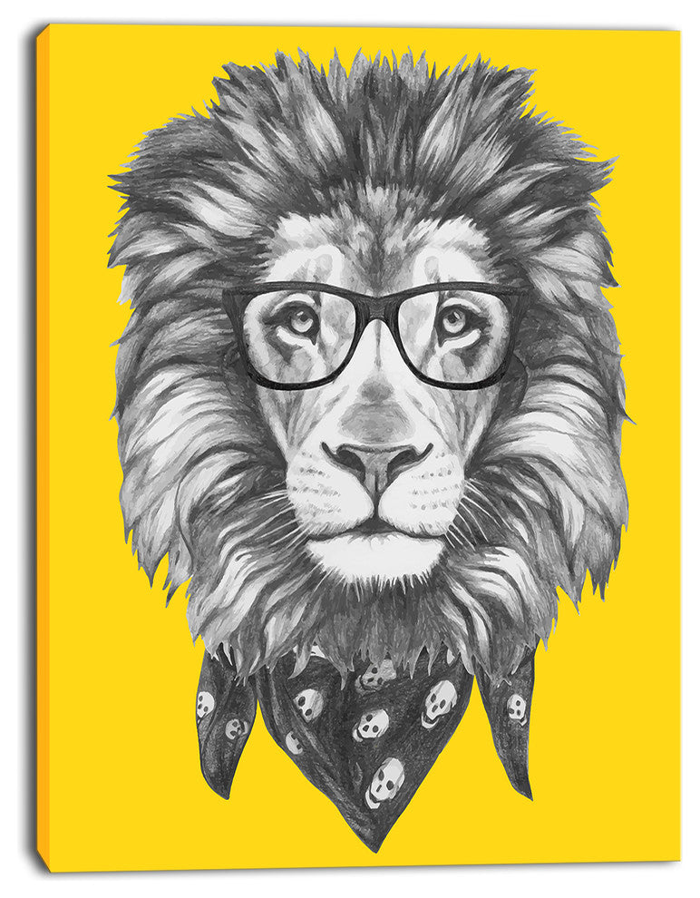 Lion with Glasses and Scarf, Animal Canvas Art Print, 28"x60"