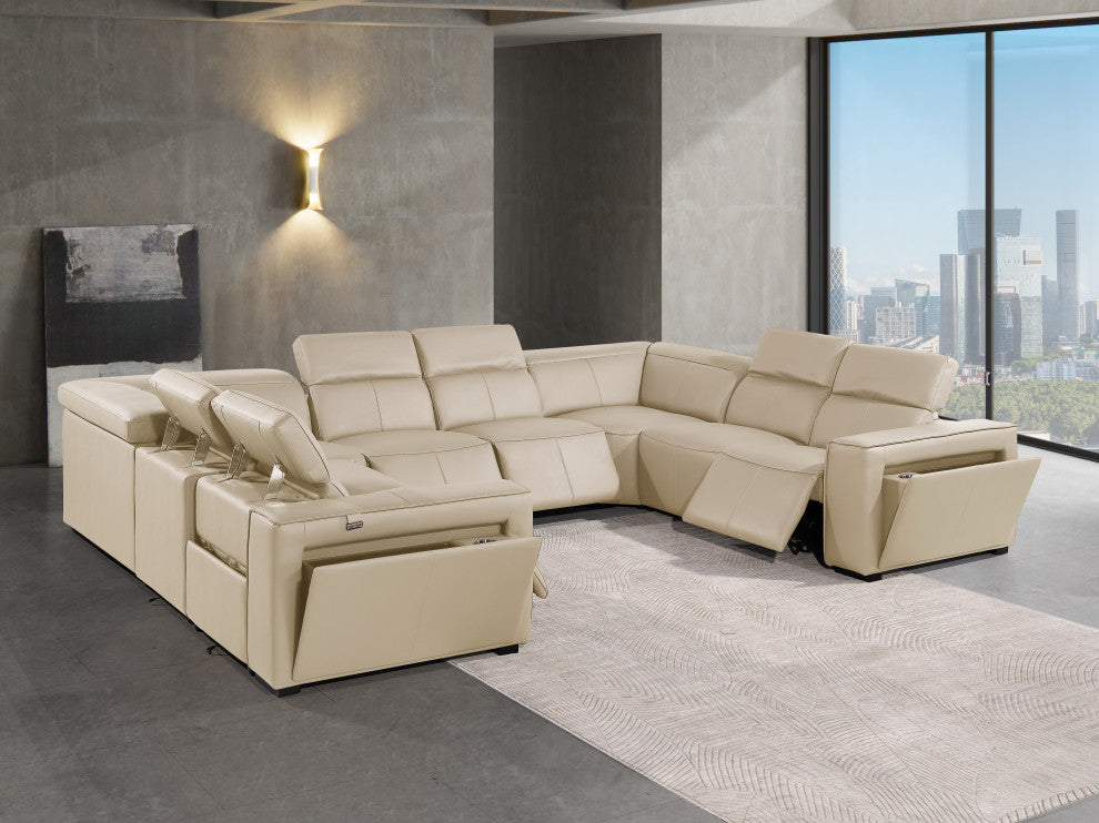 Niccolo Italian Leather 8-Piece U-Shaped 4 Power Reclining Sectional, Beige
