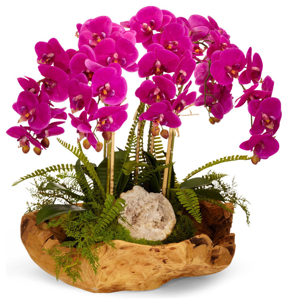 Orchid and Geode in Wood Bowl, Fuchsia