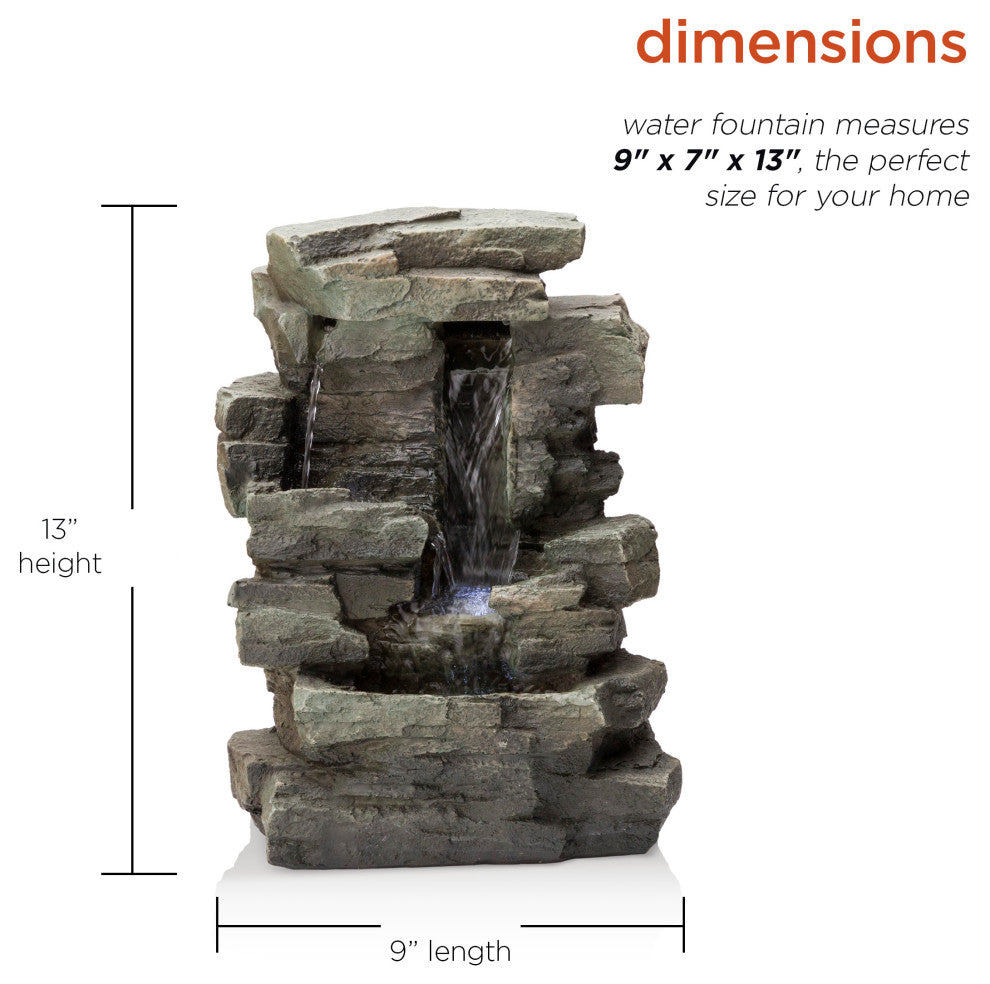 13" Tall Indoor 4-Tier Cascading Tabletop Fountain with LED Lights, Gray