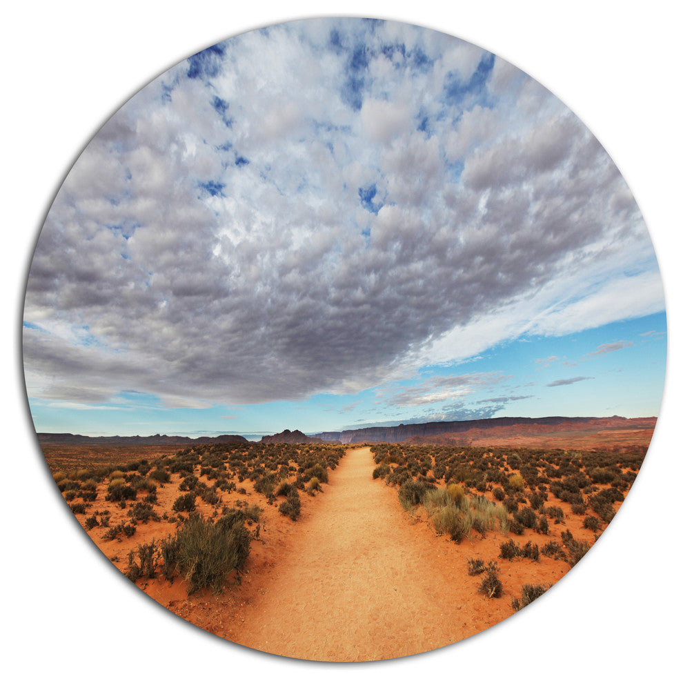 Desert Road Under Bright Cloudy Sky, African Disc Metal Wall Art, 11"