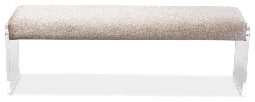 Hildon Beige Microsuede Fabric Upholstered Lux Bench With Paneled Acrylic Legs
