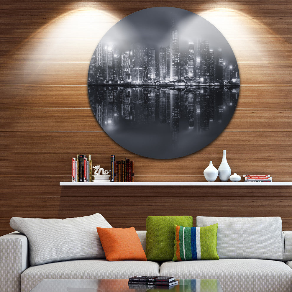 Hong Kong Black And White Skyline, Cityscape Round Wall Art, 23"