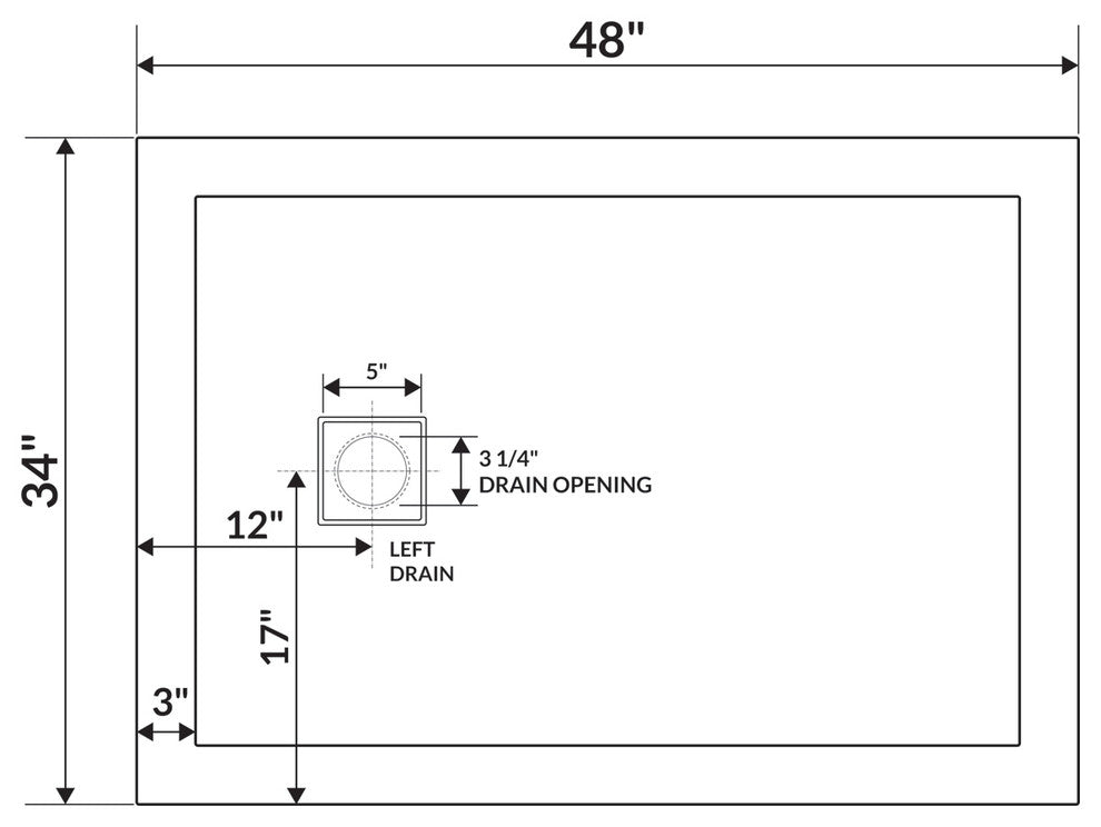 LessCare 48"x34" Single Threshold Shower Pan Base Alcove Left Drain