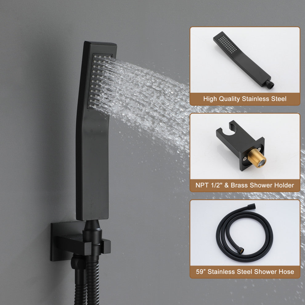 12" Dual Heads Shower System with 4 Way Thermostatic Faucet, Matte Black