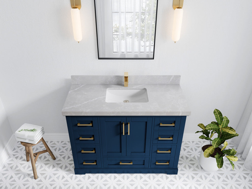 Boston 48 Single Sink Bath Vanity in Navy Blue 2" Pearl Gray