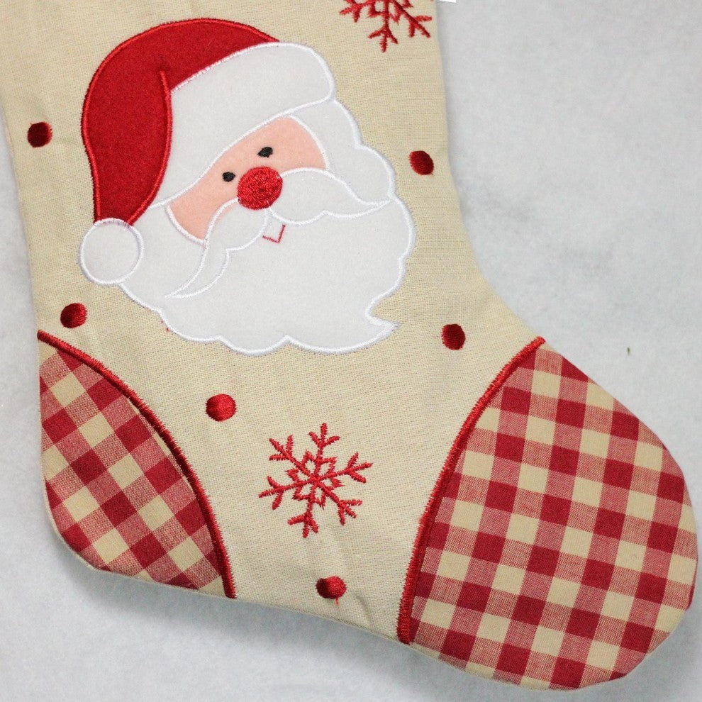 19" Burlap Embroidered Santa Claus Christmas Stocking With Red Gingham Cuff