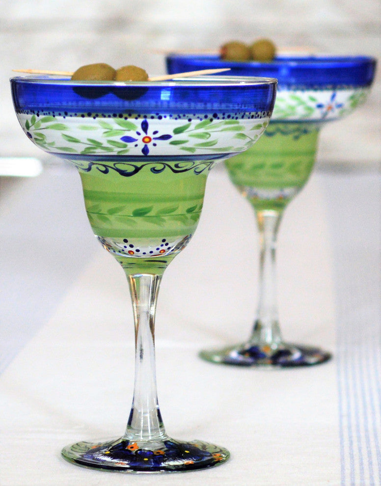 Blue Floral Margarita Glasses, Set of 2