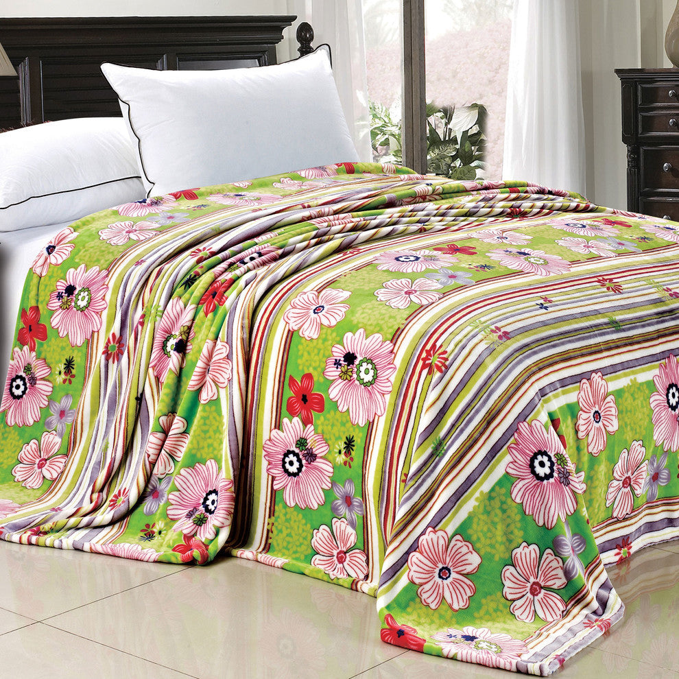 Blossom Flower Flannel Fleece Blankets, Green, Twin