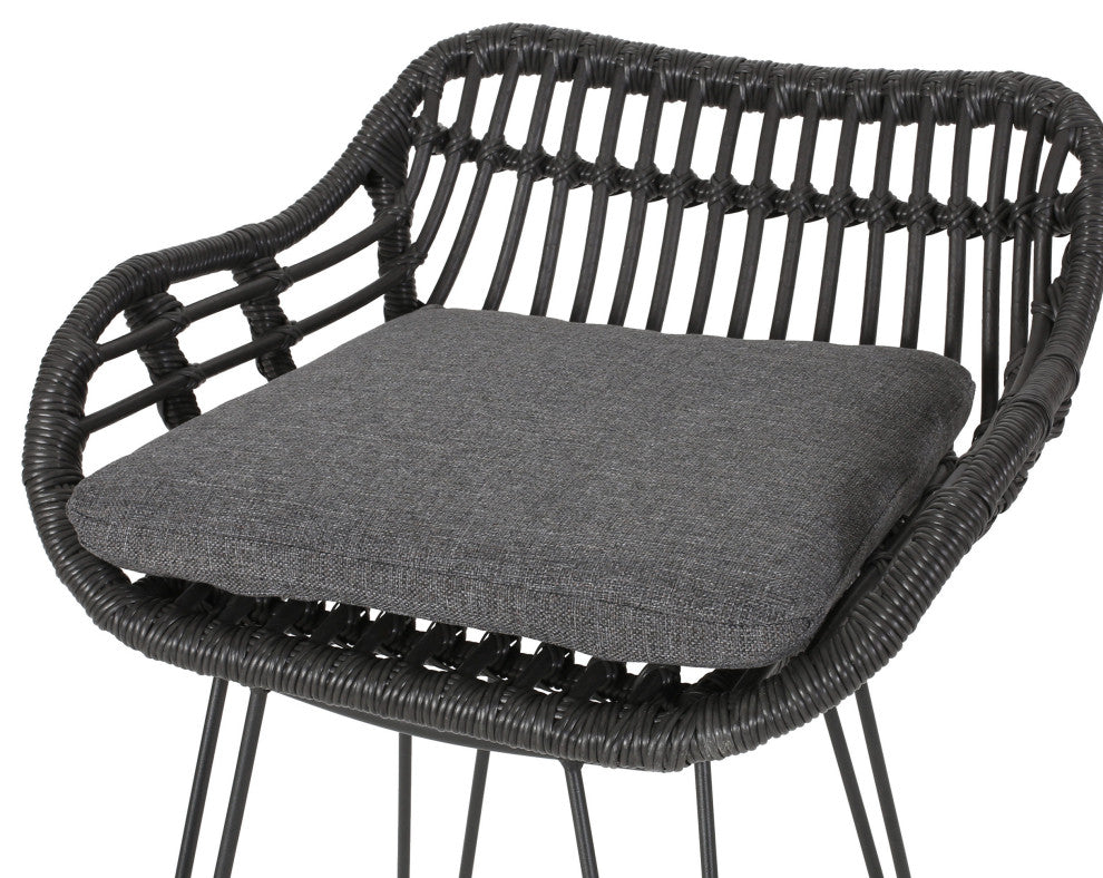 Lisa Outdoor Wicker Barstools with Cushions, Set of 2, Gray, Black, Dark Gray