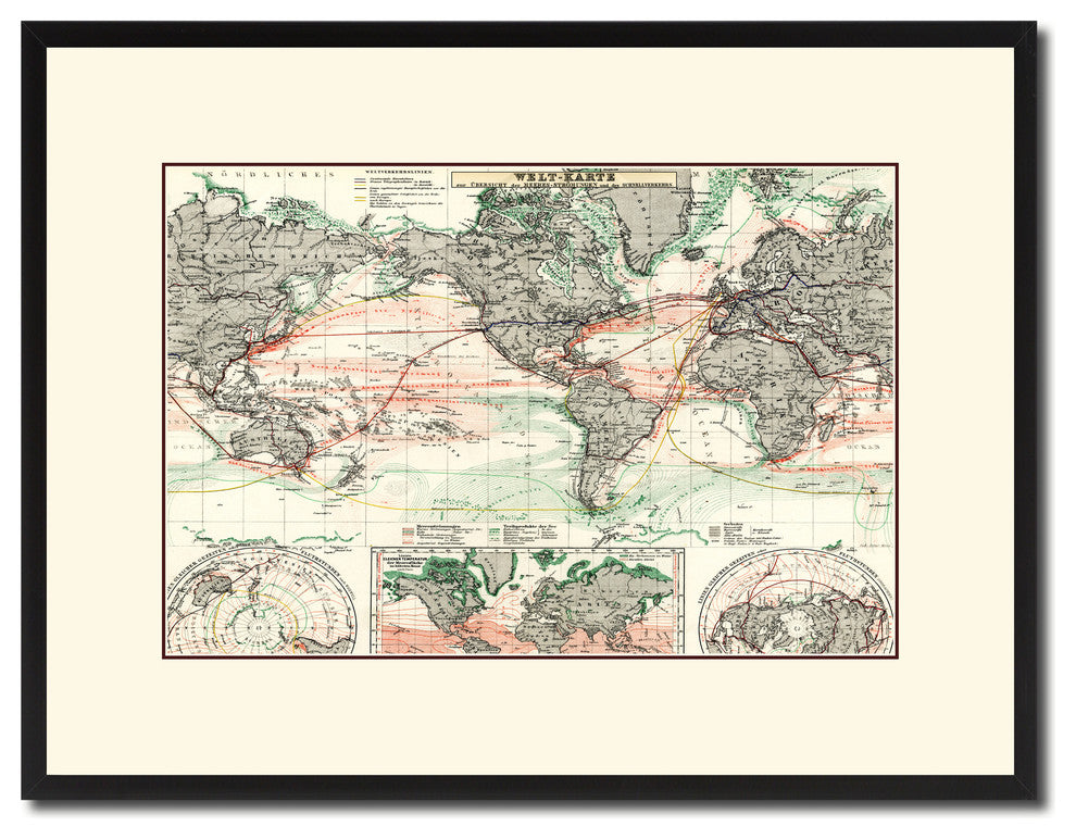 World Ocean Currents Vintage Antique Map Wall Art, 16"x21"