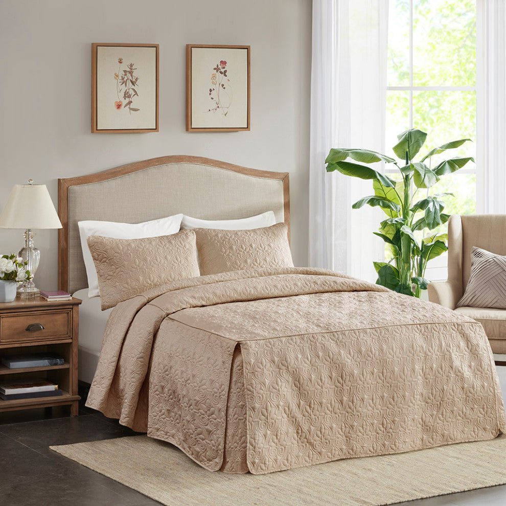 Madison Park Quebec 3 Piece Fitted Bedspread Set, Khaki
