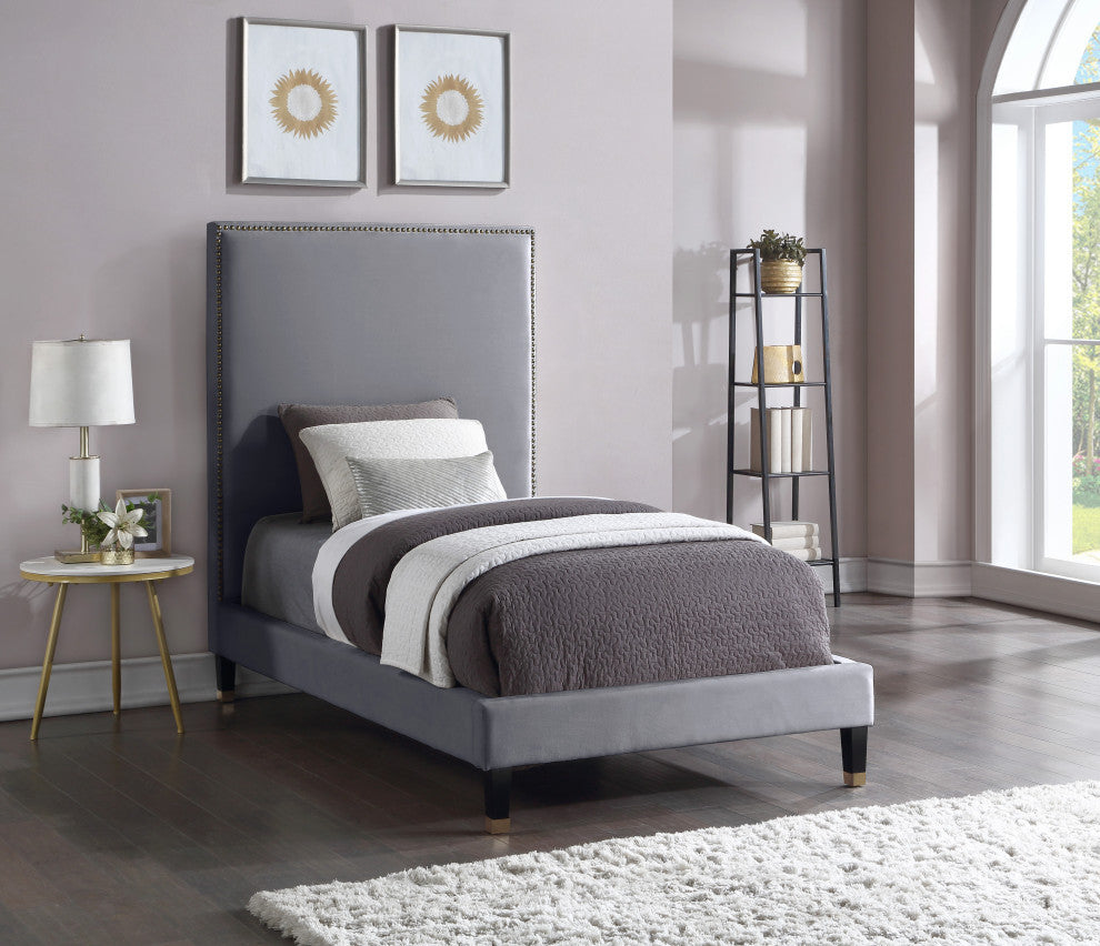 Harlie Velvet Upholstered Bed, Gray, Twin