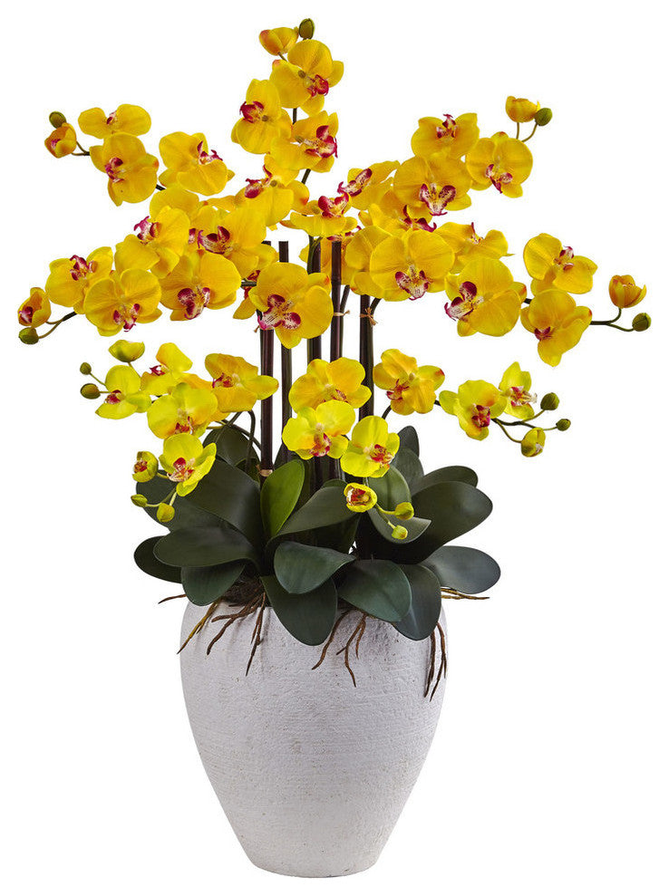 Phalaenopsis Orchid Silk Arrangement With White Planter, Yellow