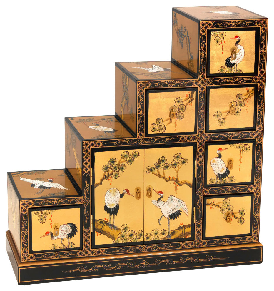 Gold Lacquer Step Tansu Cranes