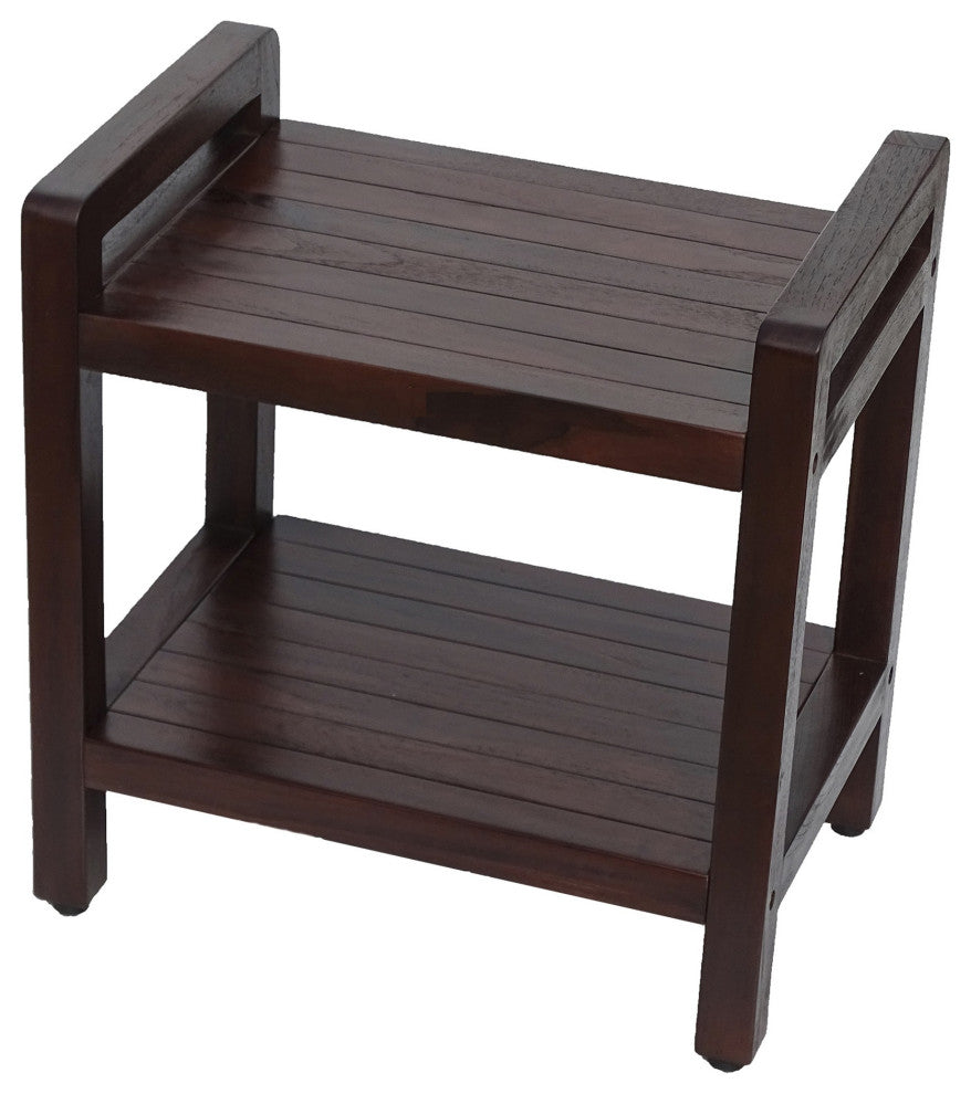 HomeRoots Rectangular Teak Shower Bench With Handles, Brown Finish