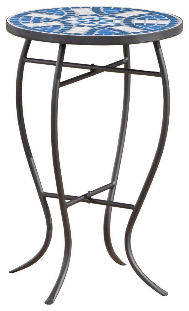 GDF Studio Harington Outdoor Blue and White Ceramic Tile Iron Frame Side Table
