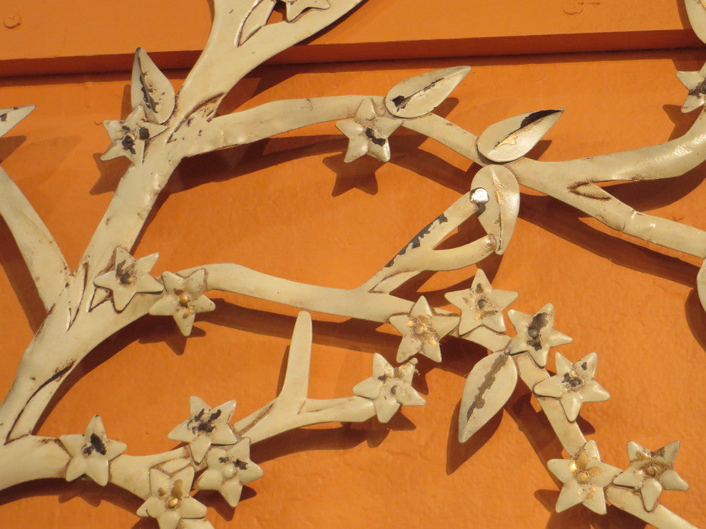 Tall Large 30"x50" Tree Branch Metal Wall Art, Cream White Cottage Distressed