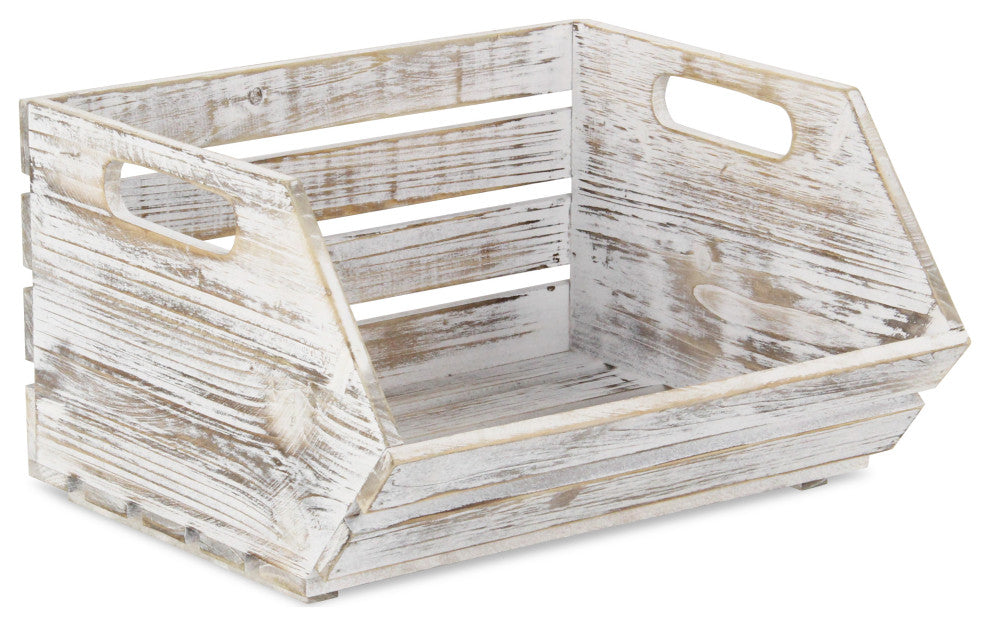 Wood Slat Stackable Storage With Side Handles, Gray Wash