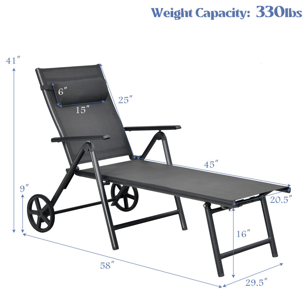 Costway Patio Lounge Chair W/ Wheels Neck Pillow Aluminum Frame Adjustable
