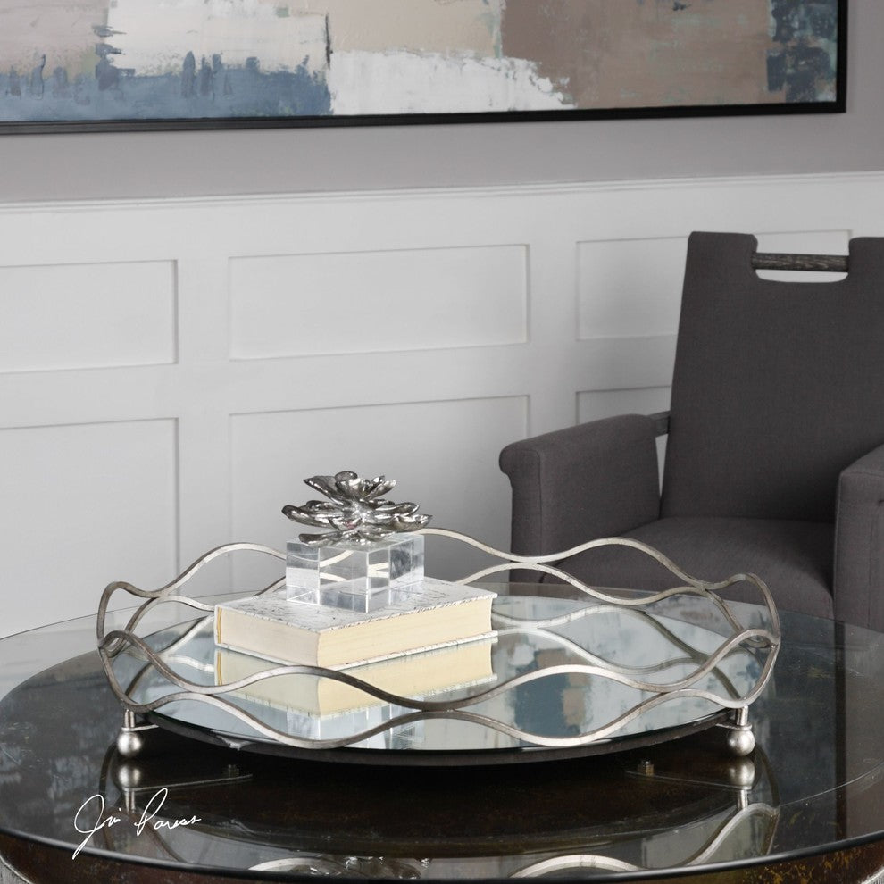 Elegant Round Mirrored Silver Centerpiece Tray, Bar Vanity Waves Open Metal
