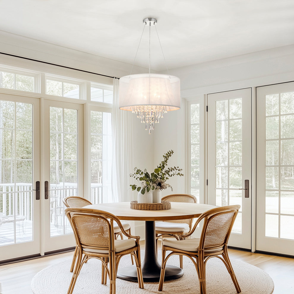 4-Light Double White Fabric Drum Shade Crystal Pendant Chandelier Glam Lighting