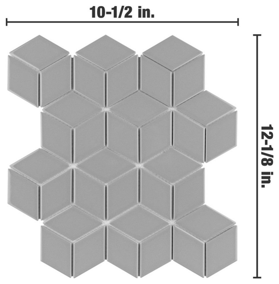 Metro Rhombus Mosaic Floor and Wall Tile, Glossy Light Gray