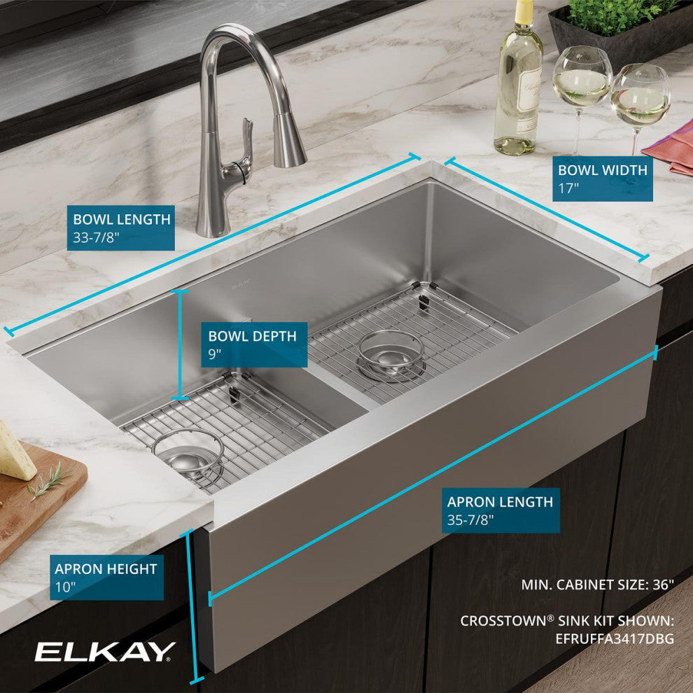 EFRUFFA3417DBG Elkay Crosstown 16 Gauge Stainless Steel Tall Farmhouse Sink Kit