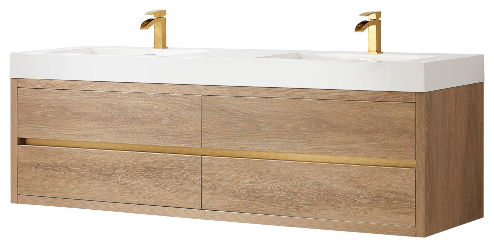 Palencia Floating Bath Vanity With Composite Stone Top, North American Oak, 72", No Mirror