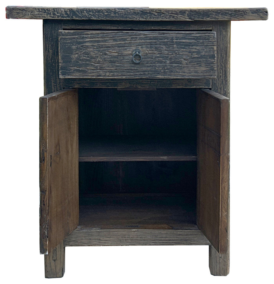 Distressed Rustic Black Rough Grain Wood Side Table Nightstand Cabinet Hws4315