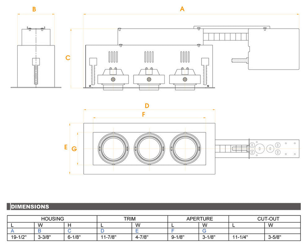 3-Light Linear Remodel, Silver Trim, Silver Gimbal, Black