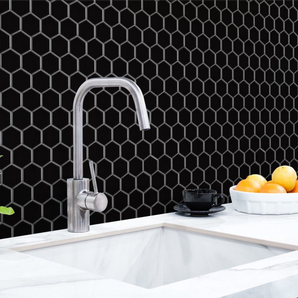 Metro 2" Hex Glossy Black Porcelain Floor and Wall Tile
