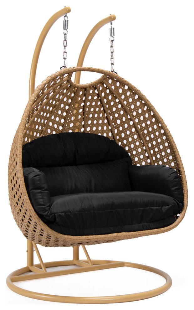 LeisureMod Mendoza Light Brown Wicker Hanging Double Egg Swing Chair, Black