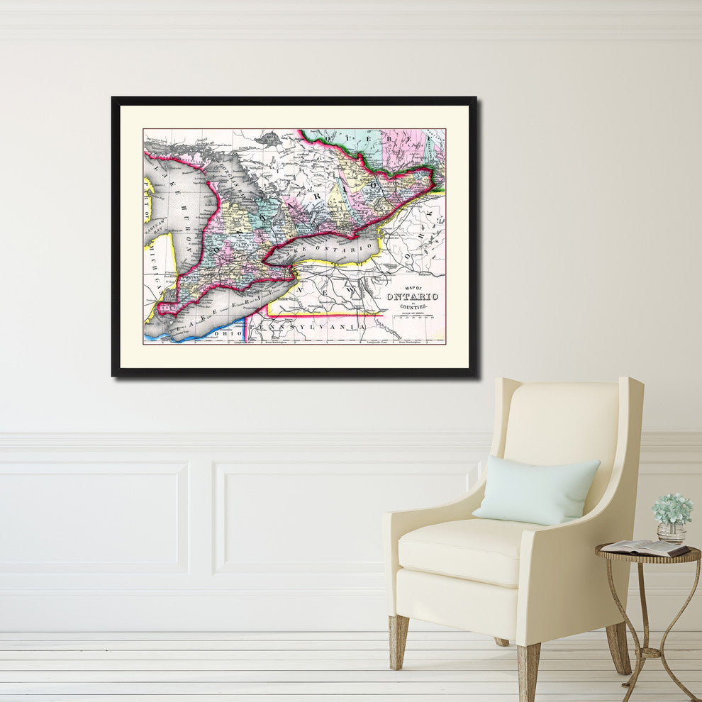 Ontario, Canada Vintage Map Print On Canvas With Picture Frame 16" X 21"