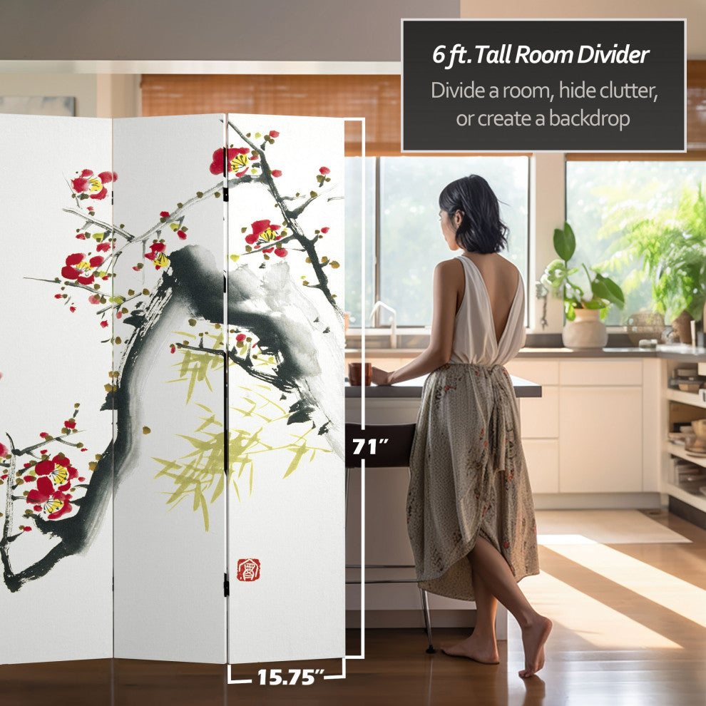 6' Tall Double Sided Cherry Blossoms and Love Canvas Room Divider 4 Panel