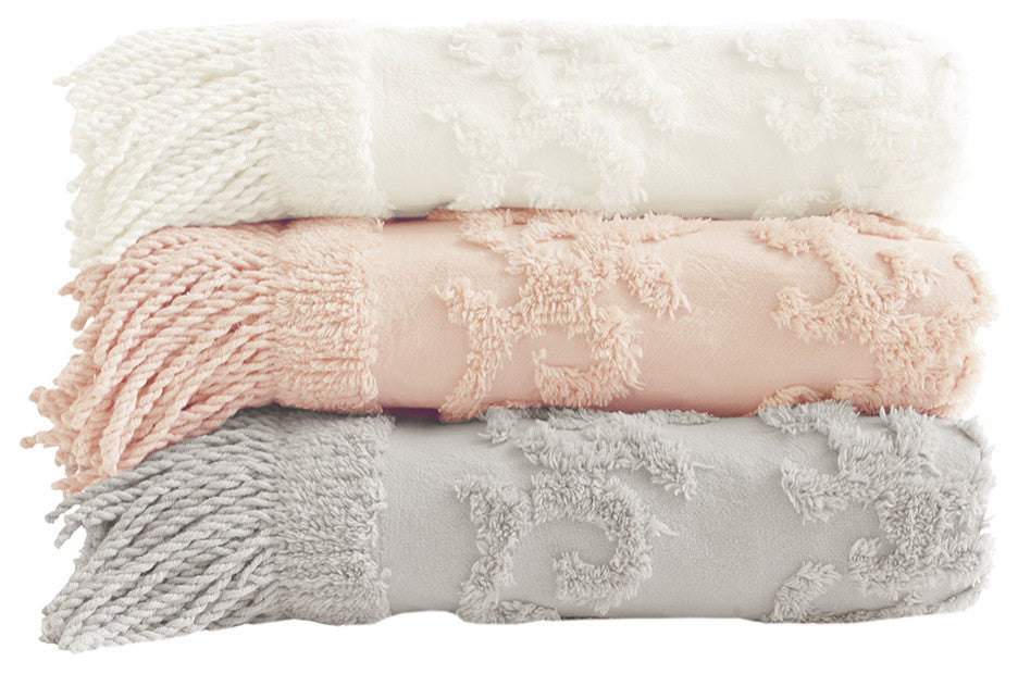 Madison Park Chloe Fringed Tufted Throw Blanket, Boho Pattern, Pink