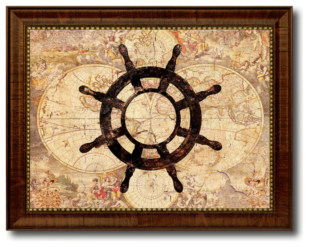 Wheel Vintage Nautical Map Print on Canvas with Picture Frame, 15" x 19"