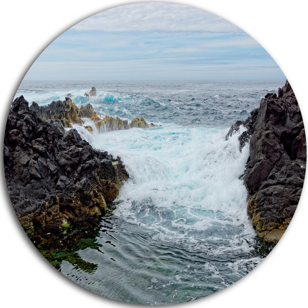 Splashing Waters To Mossy Rock, Seashore Round Wall Art, 11"