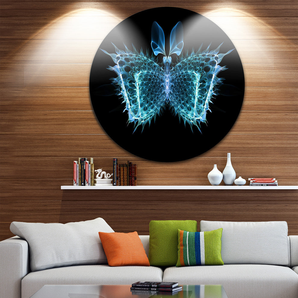 Blue Fractal Butterfly In Dark, Abstract Art Disc Metal Wall Art, 23"