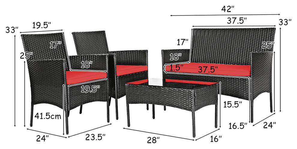 Costway 4PCS Patio Rattan Furniture Set Cushioned Sofa Coffee Table Red