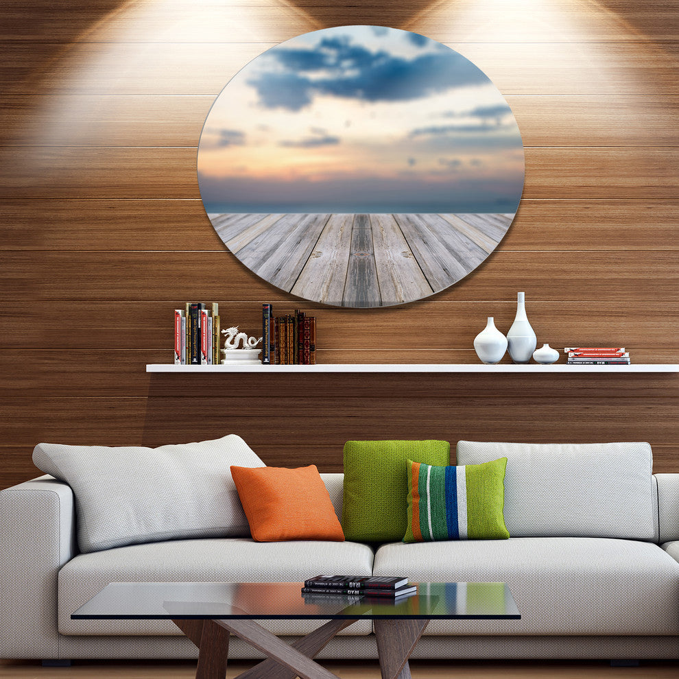 Wooden Board At Sunset Seashore, Modern Bridge Round Wall Art, 23"